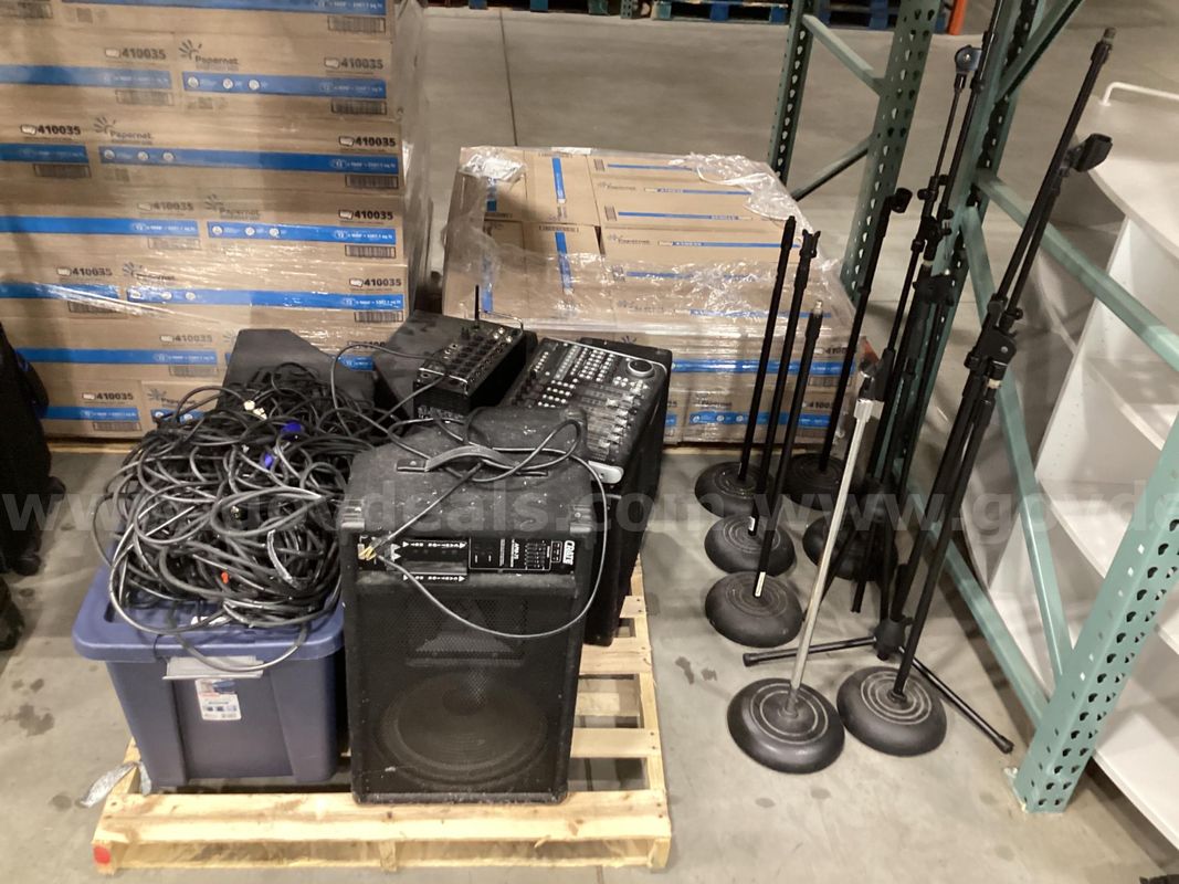 Speakers, mic stands, and controller