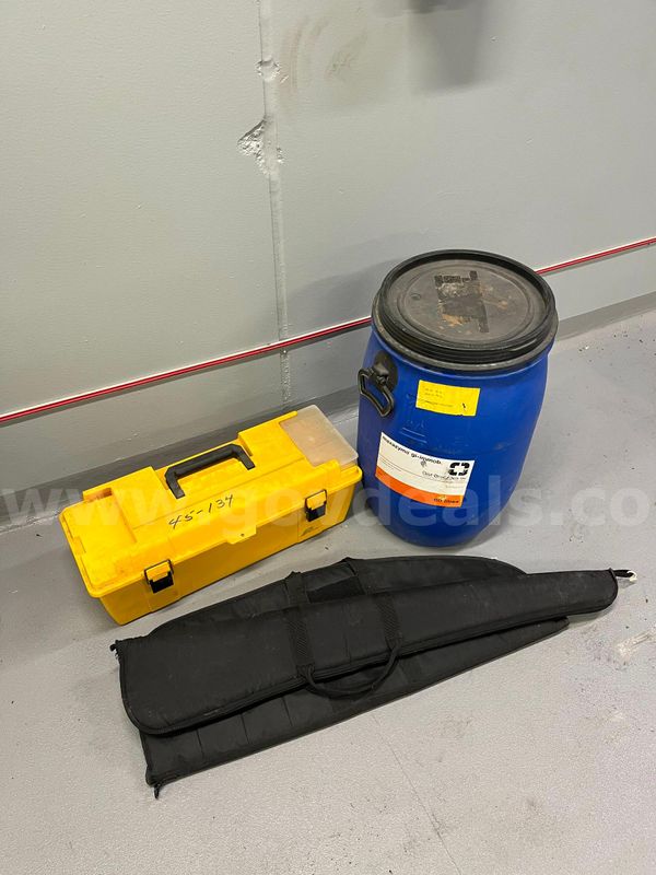 Toolbox, Small Blue Barrel and Two Rifle Cases