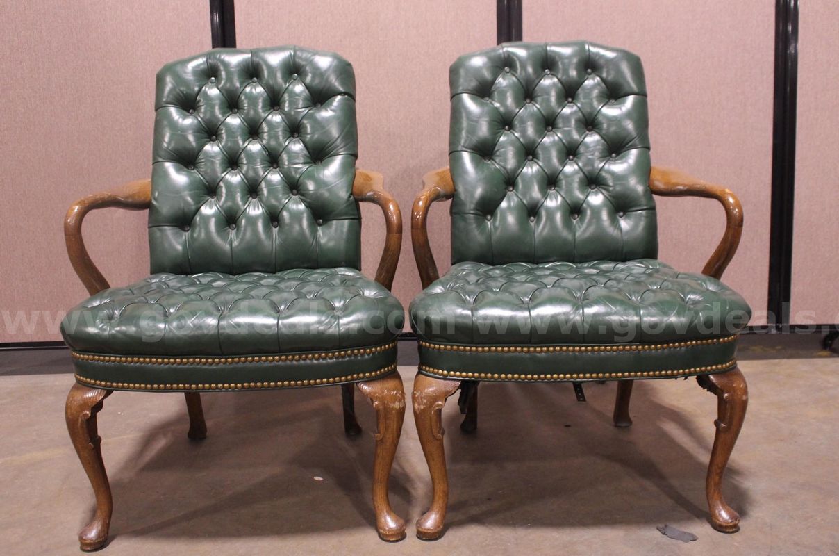 (2) Tufted Green Vinyl Executive Guest Chairs with Wood Frame