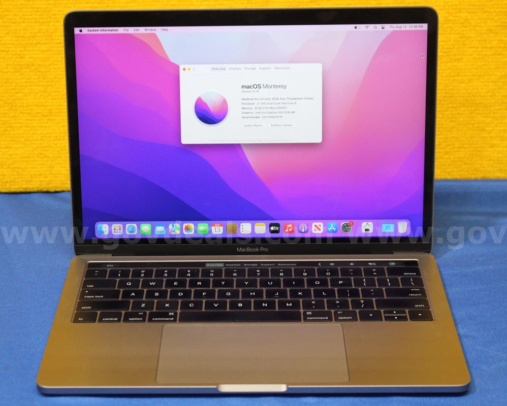 (1) Apple MacBook Pro 13-inch 2016 - Intel Core i5, 16GB RAM, 500 HDD, OS: Monterey 12.7.6
