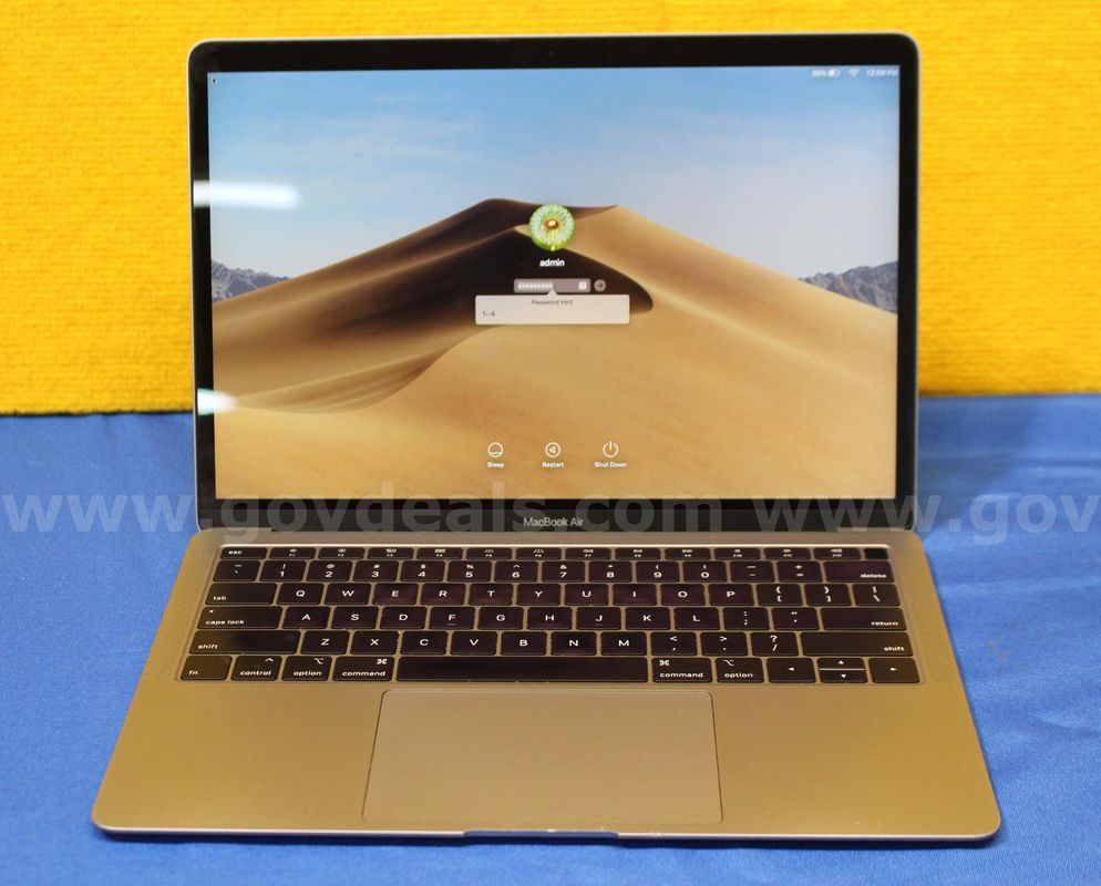 (1) Apple MacBook Air, Intel Core i5, 16GB RAM, 500GB SSD, OS: Mojave 10.14.6