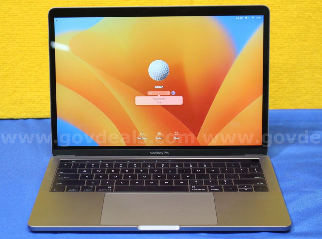 (1) Apple MacBook Pro, Intel Core i5, 8GB RAM, 250GB SSD, OS: Ventura 13.7.8