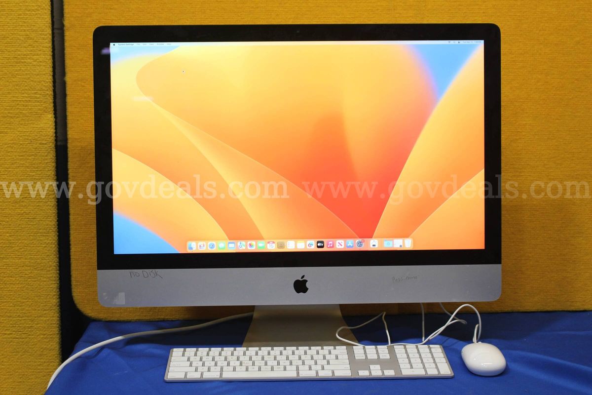 (1) Apple iMac, 2017, Intel Core i5, 8GB RAM, 250GB SSD, OS: Ventura 13.7.8, (1) Keyboard, (1) Mouse (1) Power Cord