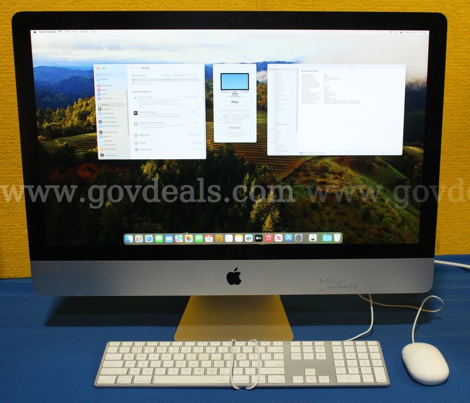 (1) Apple iMac, Retina 5k, 27", 2019, Intel Core i5, 16GB RAM, 1TB SSD, OS: Sonoma 14.8.9, (1) Mouse, Keyboard, Cord