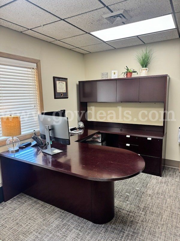 office desk book shelf and credenza