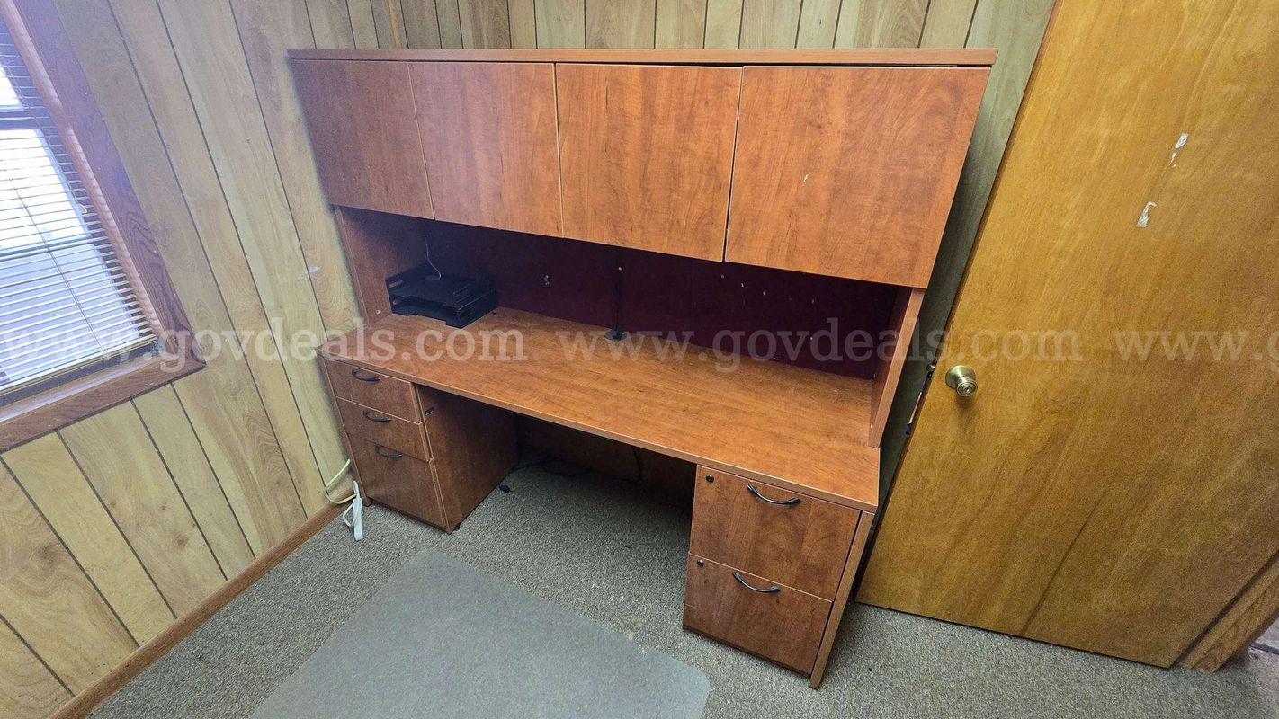 Wood Office Desk with Overhead Hutch and Storage