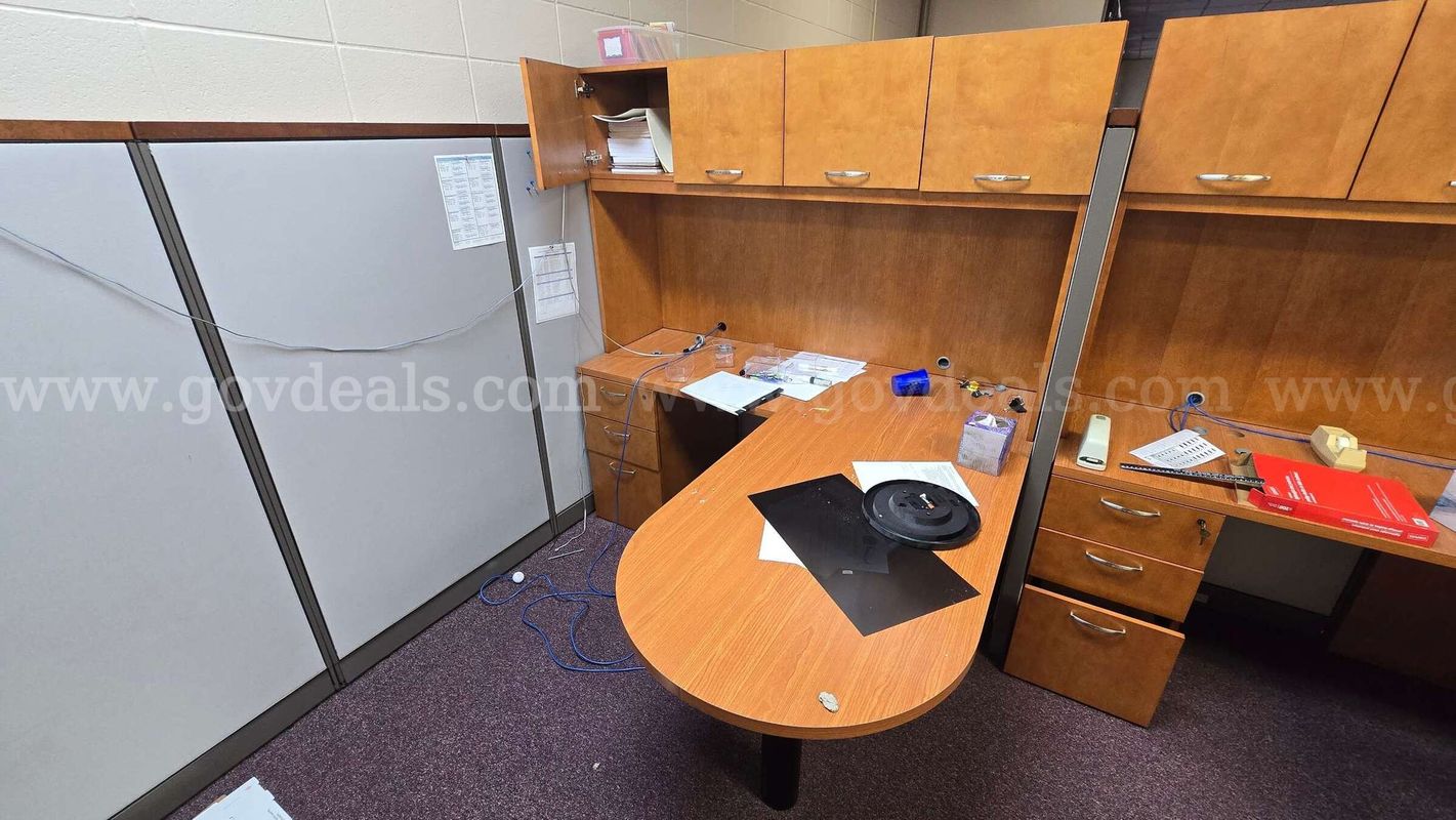 Lot of (2) Matching Executive L-Shaped Office Desks with Overhead Storage