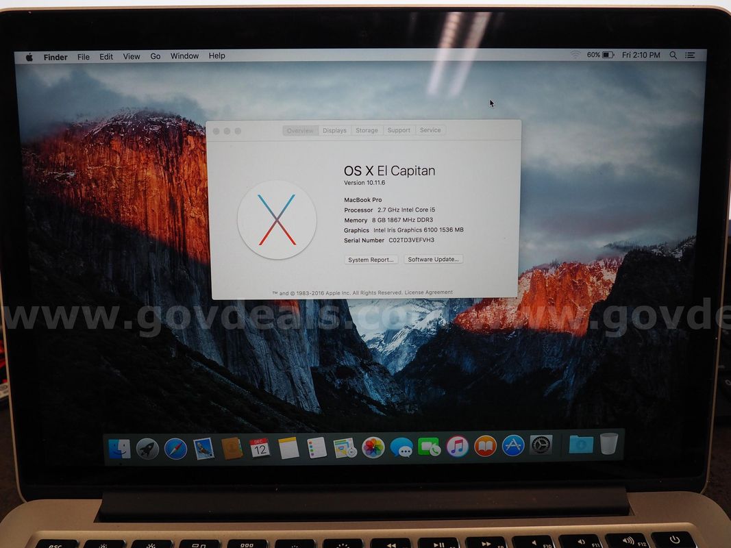 Working Apple Macbook Pro, 4 GB RAM, 500 GB Hard Drive, 2.5GHz i5 Processor, El Capitan