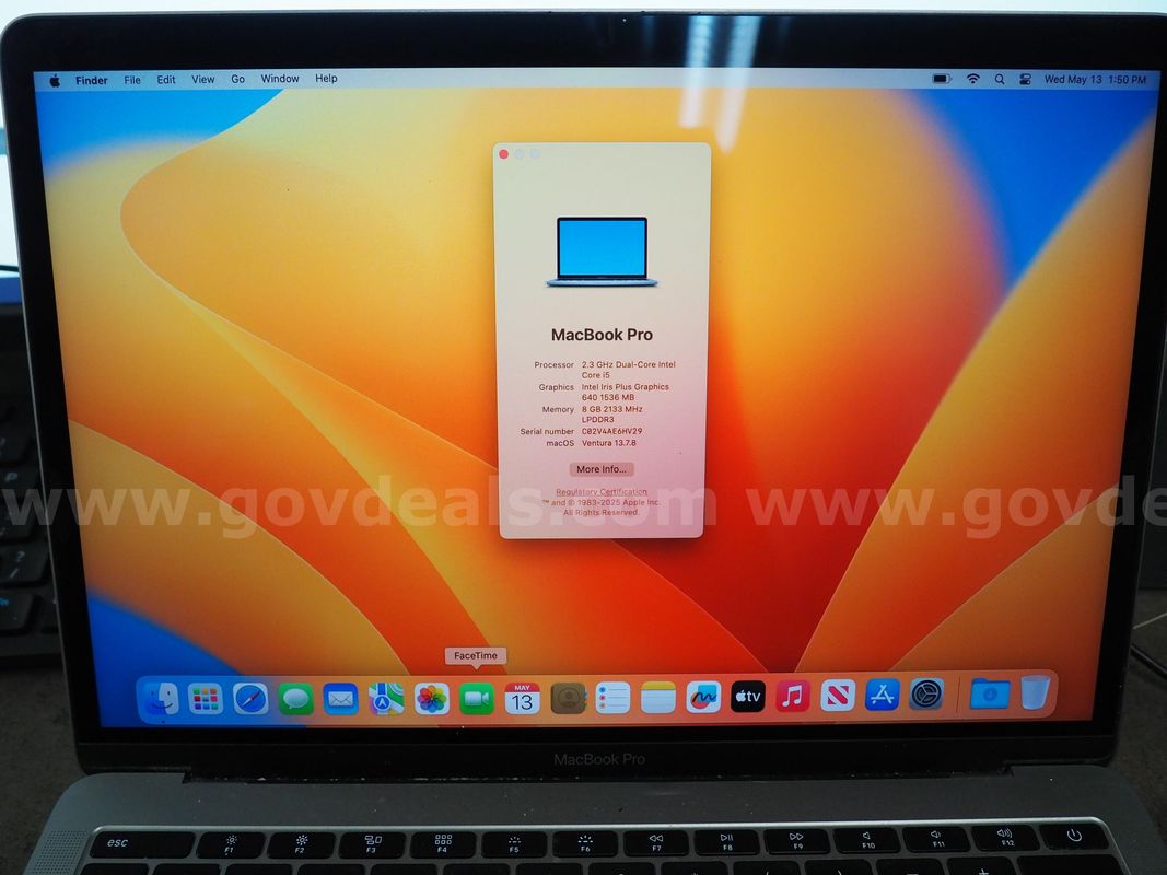 Working Apple Macbook Pro, 8 GB RAM, 250 GB Hard Drive, 2.3GHz i5 Processor, Ventura