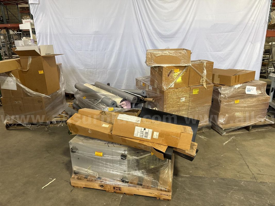 4 Bulk Pallets Lot: Garlock Gasket Sheets 48"x48", Plastic Bottles, Foam Cushions, Tubes, 1,800 lbs