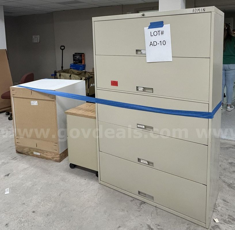 Lot of 2 Filing Cabinets, 1 Desk, 1 Regular Cabinet, 4 Office Chairs