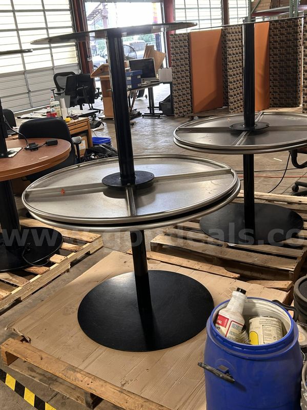 2 Used Round Metal Top Pedestal Tables. (S2)