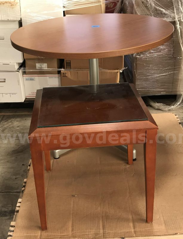 Used round pedestal table and small glass top end table. (S1)