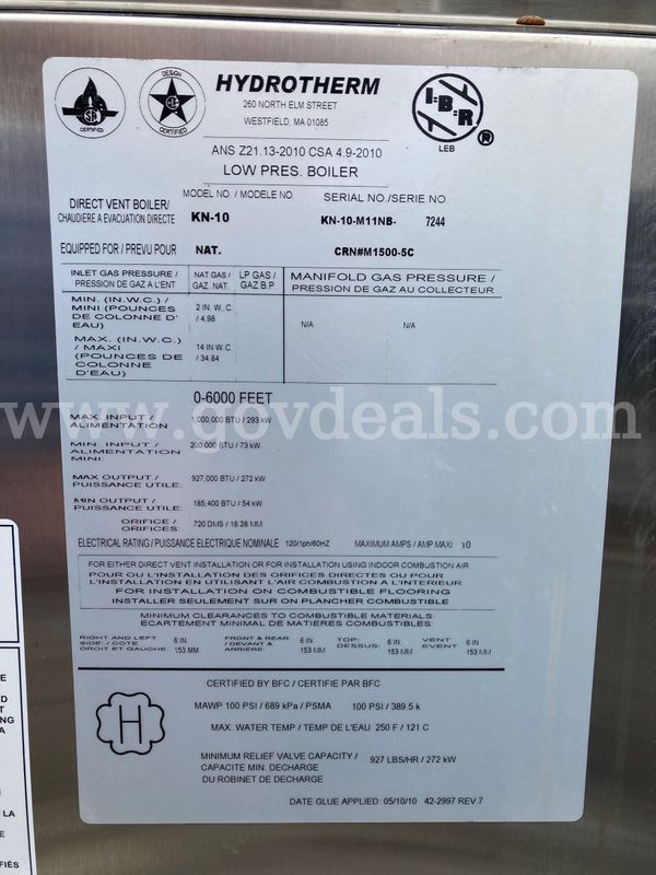 2010 Hydrotherm KN-10 1,000,000 BTU Natural Gas Condensing Boiler Key fields
