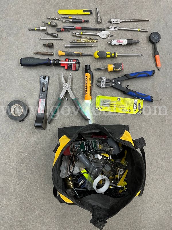 Misc. Hand tools, Klein, Kobalt. Magnetic trailer lights and electrical connectors. Motorola handheld radio.