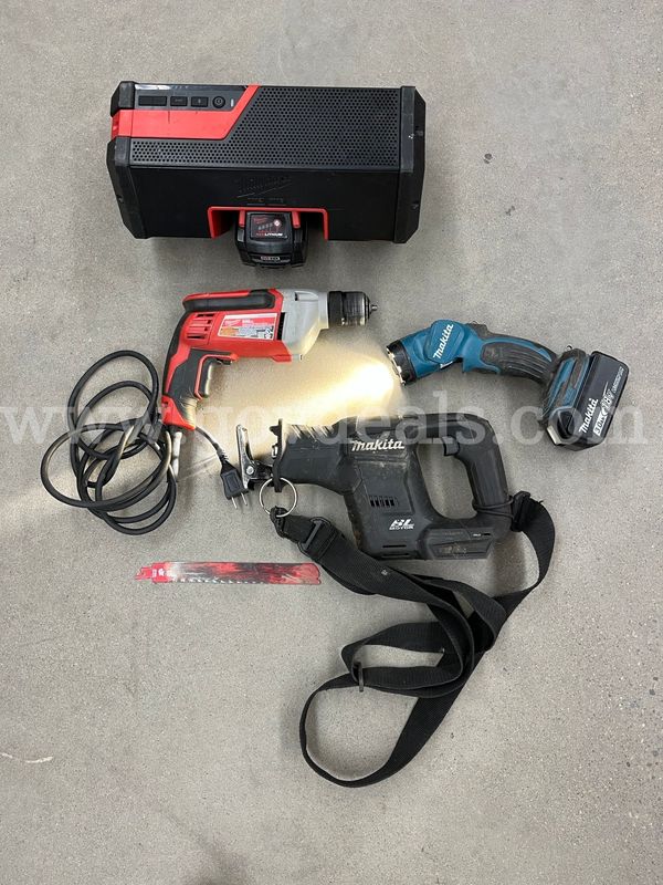 Milwaukee drill, Milwaukee cordless speaker, Makita sawzall, Makita work light