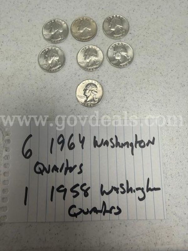 Lot of six (6) 1964 Washington Quarters, and one (1) 1958 Washington Quarter (90% Silver)