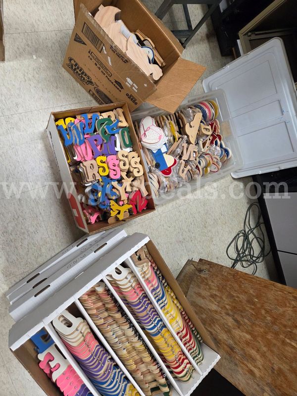 8 Boxes of Wood Letters (Entire Alphabet) & Various Wood Pieces to painted & unpainted