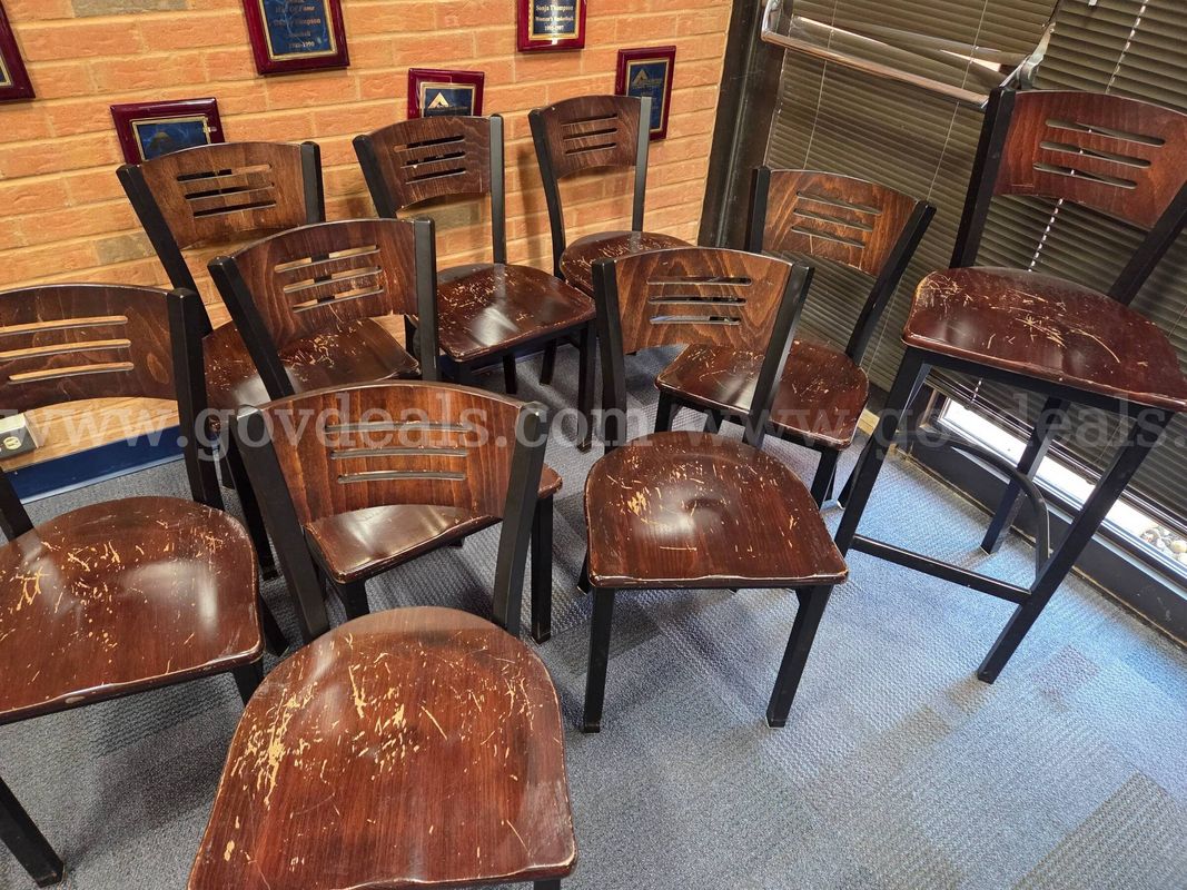 Chairs - Wood Seat & Back with Metal Legs. Lot includes 8 Standard and 1 bar stool