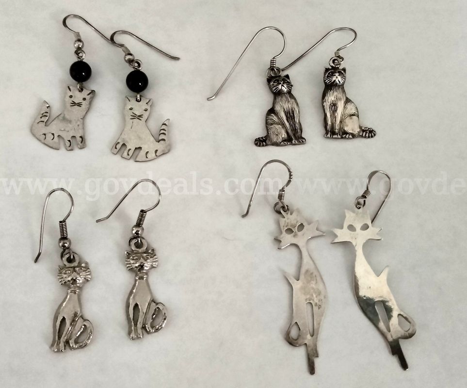 Sterling Dangling Earrings - 5 Pairs - Cat Designs & 1Blue Enamel Cat Earrings