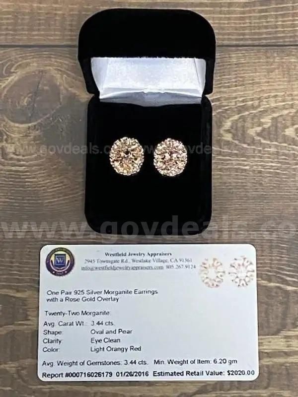 18K Rose Gold Plated 3.40 Carat Genuine Morganite Earrings with WJA Jewelry ID Card with Est. Value