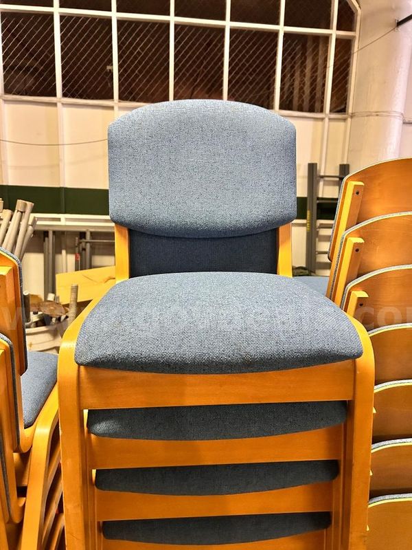 Bulk Lot: (7) 48" Round Maple Pedestal Tables & (36) Blue Upholstered Bentwood Stacking Chairs