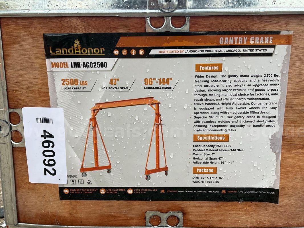 UNUSED LANDHONOR ADJUSTABLE HEIGHT GANTRY CRANE MODEL LHR-AGC2500; APPROX MAX LOAD CAPACITY 2500LB; APPROX ADJUSTABLE HE