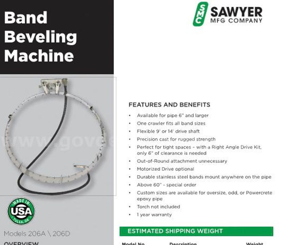 PIPE CUTTER BEVELER — SAWYER MFG. CORDLESS MOTORIZED CRAWLER, SAWYER MFG. BEVELING BAND, VICTOR TORCH HOLDER