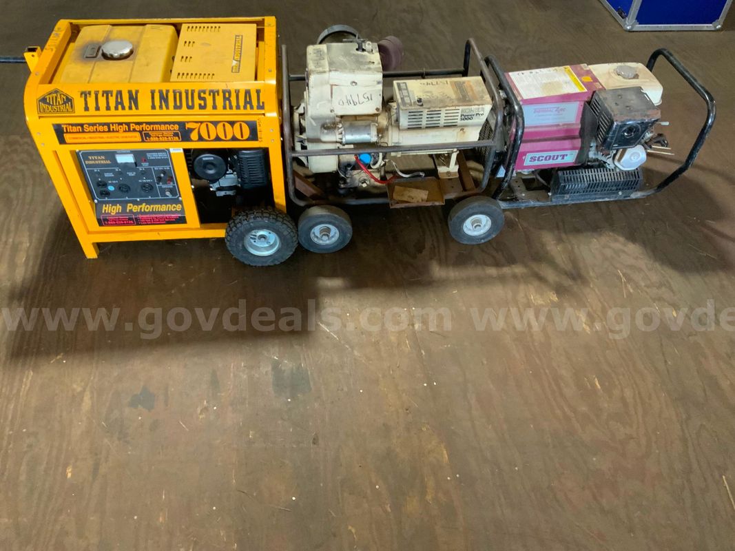 1 GAS 7000 SERIES COMMERCIAL TITAN GENERATOR, 1 HONDA SCOUT GENERATOR AND 1 GAS KOHLER PRO 5000 GENERATOR