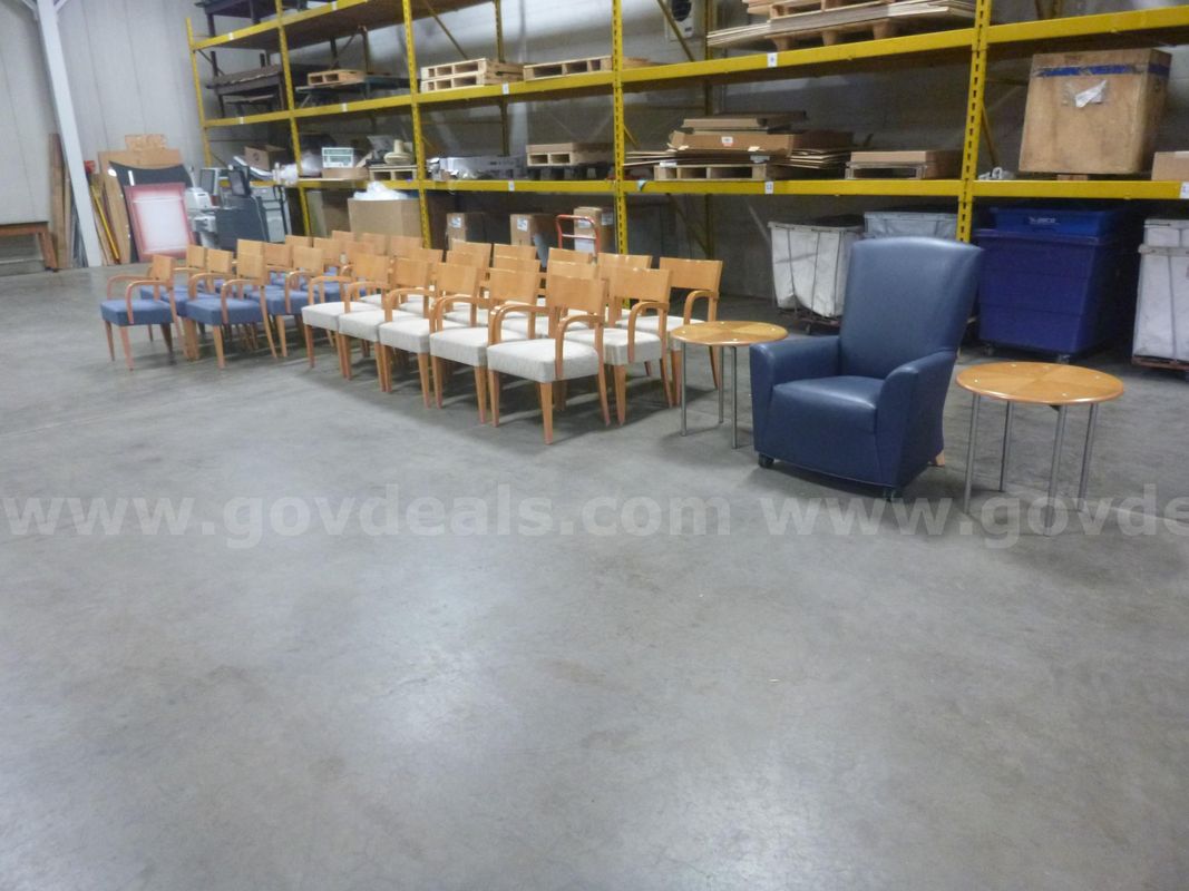 (15) Tan Chairs (13) Blue Chairs (1) Leather Blue Chair (2) Round Tables
