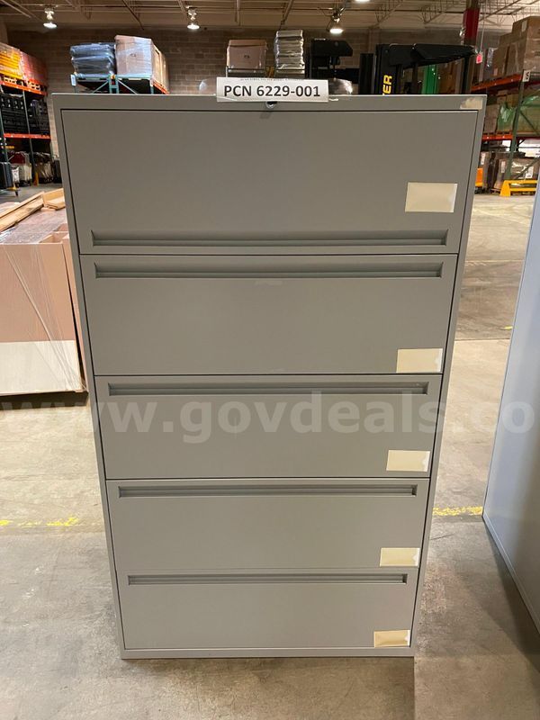 Filing Cabinet, 5-Drawers, Lateral, Grey, Metal, With Key