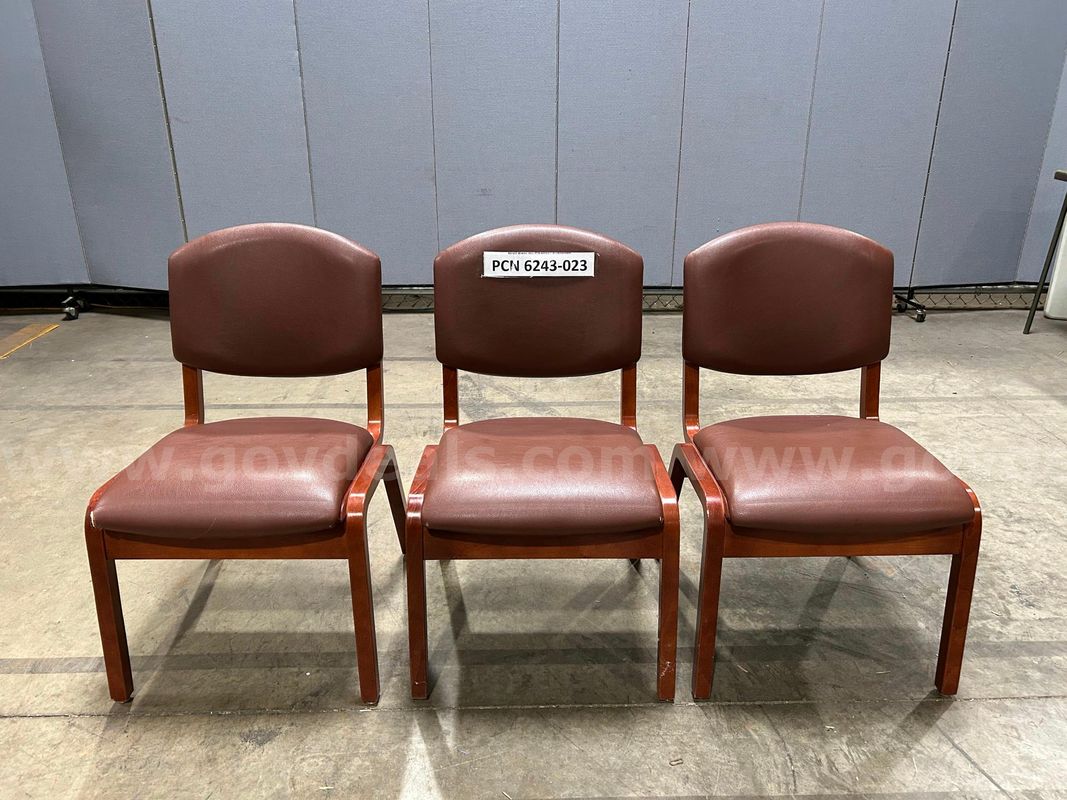 Chairs, Guest, Brown, Wood, Stackable (one chair has a slight tear)