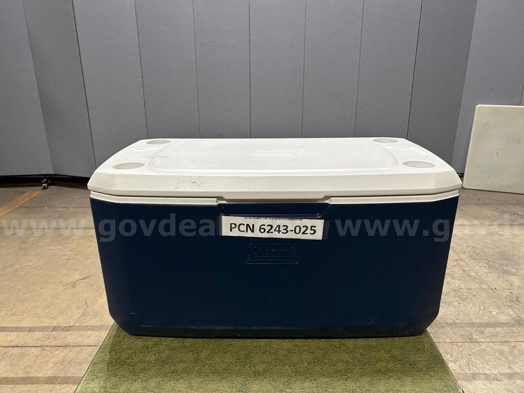 Cooler, "Coleman", Plastic, Blue, White-Top (broken plug, missing handles)