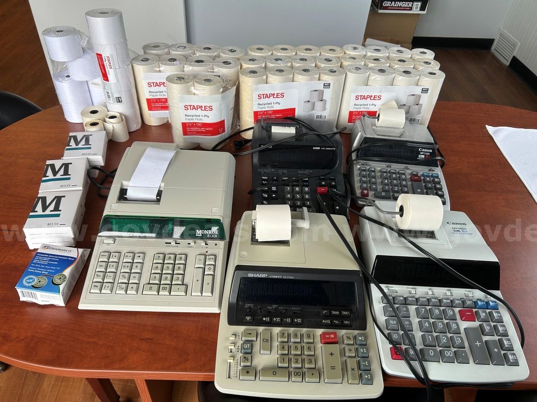 Lot OF 5 Printing Calculators (Sharp, Canon, Monroe) & Paper Rolls / Ribbons