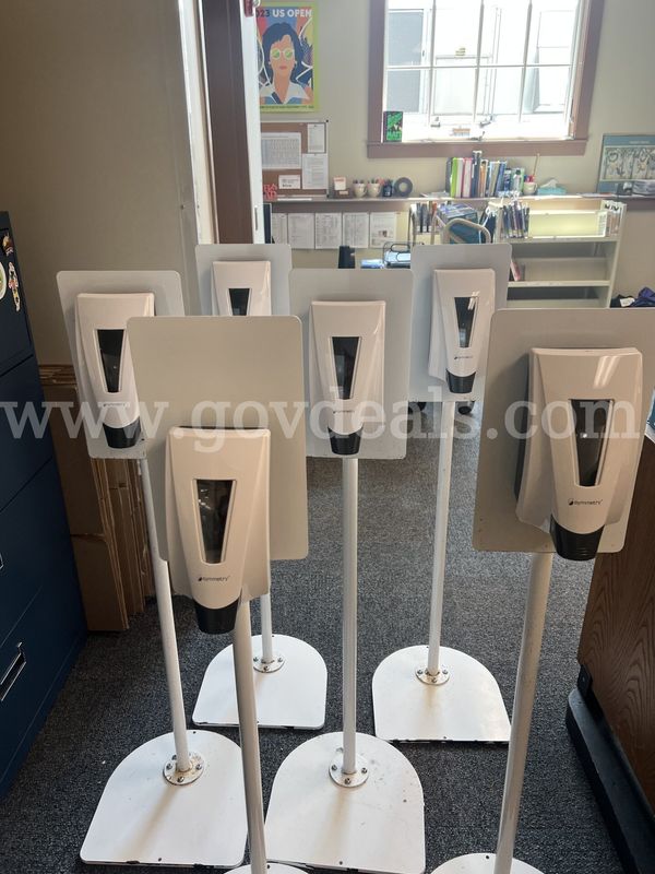 Lot of 6 hand sanitizer stands and 1 refill
