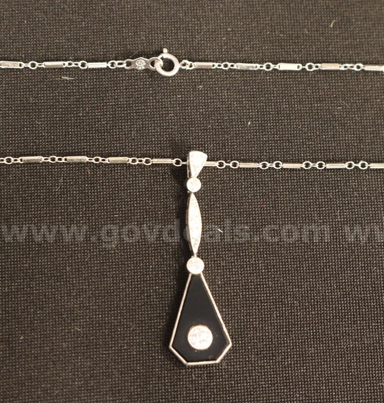 14K White Gold Bar Link Necklace With Black Onyx & Diamonds Pendant, 5.3 Grams