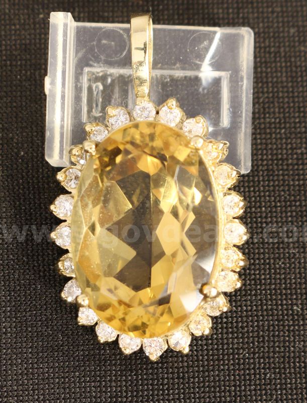 14K Yellow Gold Large Oval Citrine Stone Pendant With Diamonds, 13.0 Grams