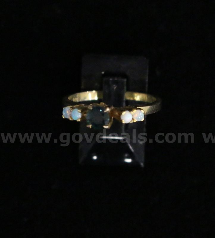 14k Yellow Gold Ring with Blue-Green Sapphire and White Opals, 2.6 Grams