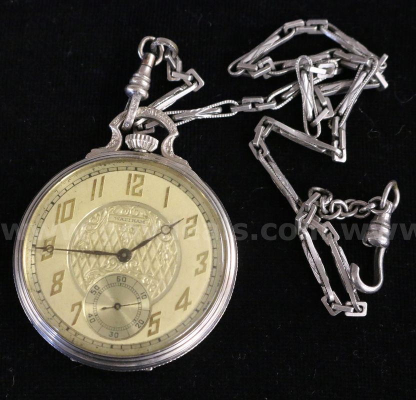 Vintage Waltham Pocket Watch in 14k White Gold-Filled Case and Chain