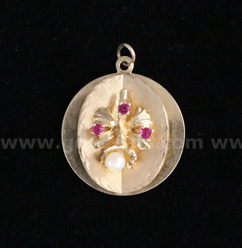 14k Yellow Gold Orchid Flower Charm with Pink Stones and Pearl, 5.1 Grams