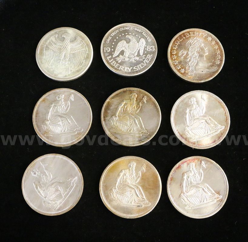 9 Assorted 1 Ounce Silver Rounds, 281.7 Grams Total
