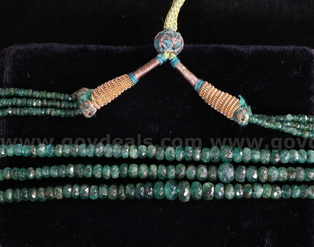Triple Strand Faceted Rondelle Emerald Beads Strung On Cord