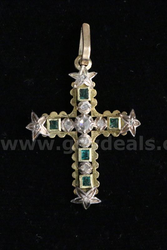 10K Rose Gold & Sterling Silver Cross With Emeralds & Diamonds, 6.2 Grams
