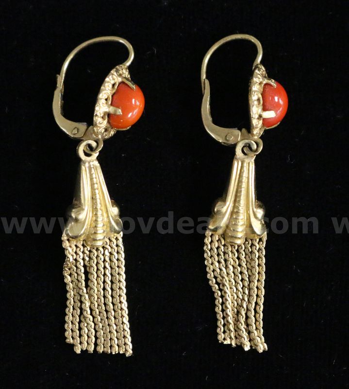 18K Yellow Gold Tassel Design Dangle Earrings With Red Coral Stones, 8.0 Grams