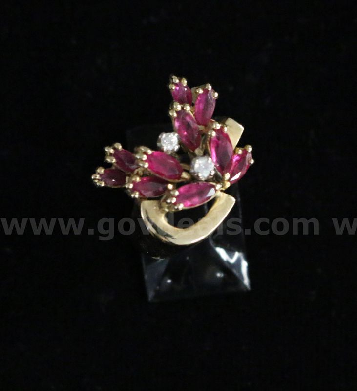 14K Yellow Gold Ring With Rubies & Diamonds, 7.4 Grams