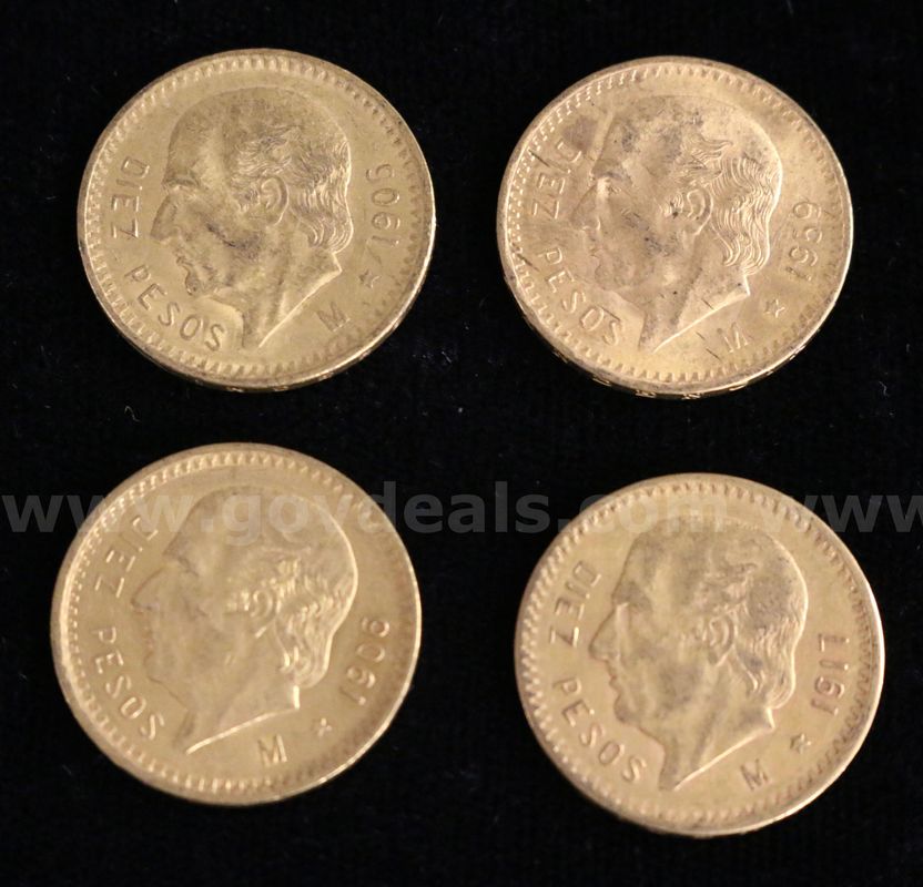 4 Assorted Date Mexico Diez Pesos Gold Coins, 33.2 Grams Total
