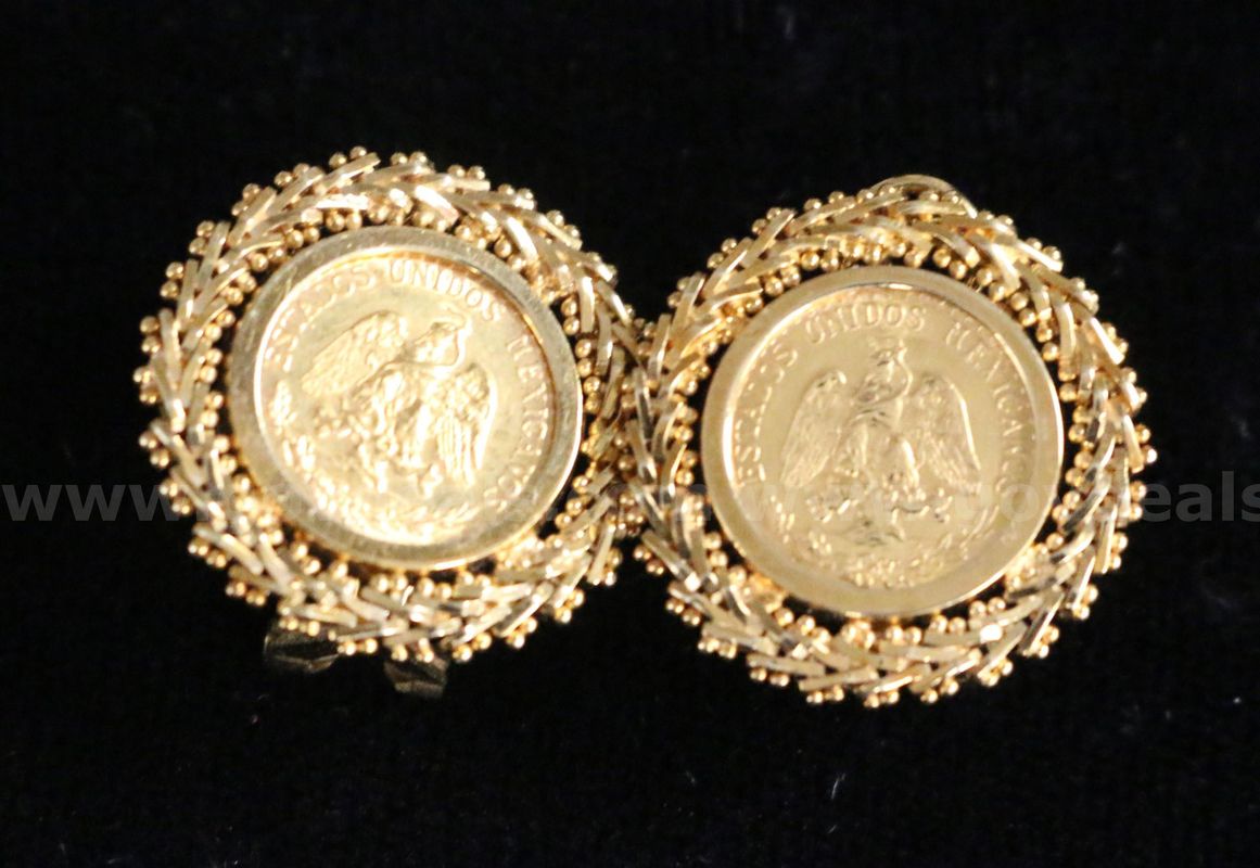 2 Mexico Gold Dos Peso Coins In 14K Y/G Earring Settings, 9.6 Grams