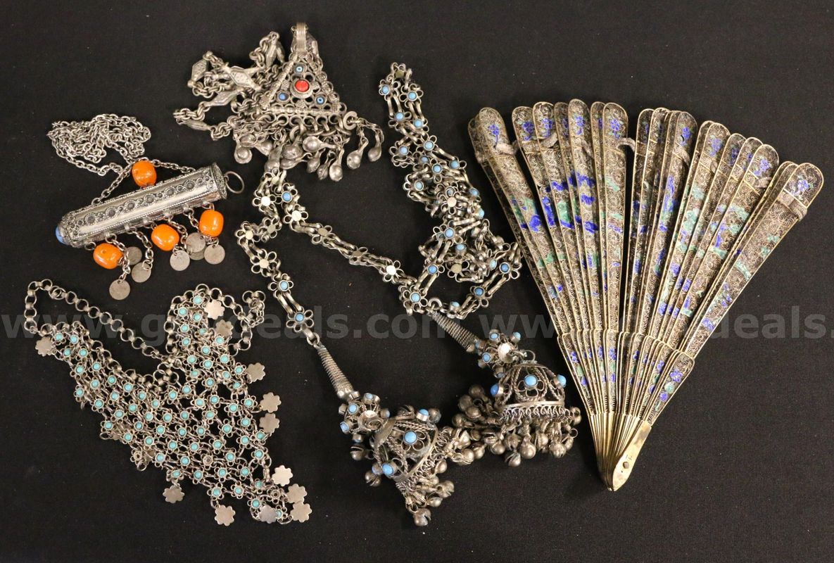 Vintage Gold-Plated and Enameled Hand Fan and Silver-Tone Tribal Jewelry