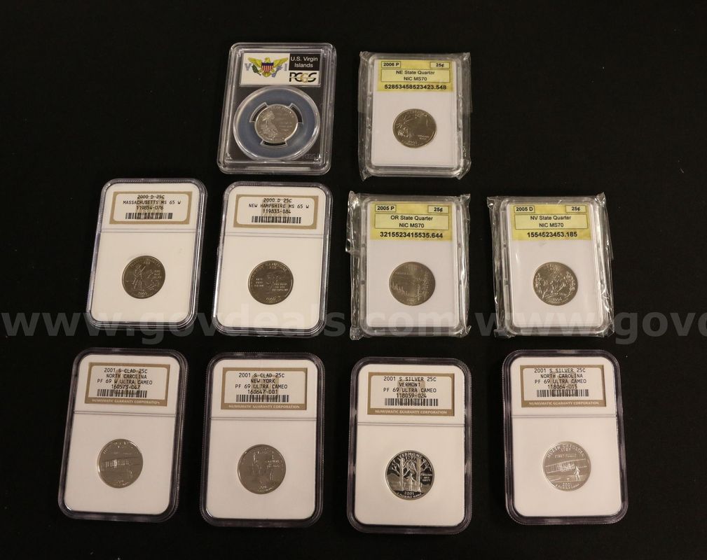 10- Assorted Graded and Slabbed U.S. State Quarters, Some Silver