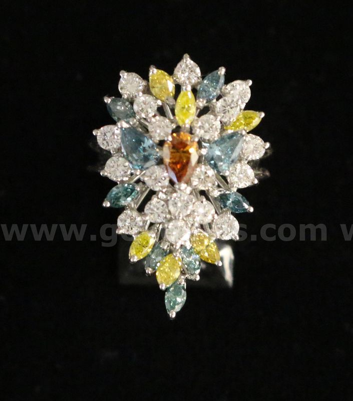 14k White Gold Ring with Blue, Yellow, White, and Orange Diamonds, 8.3 Grams